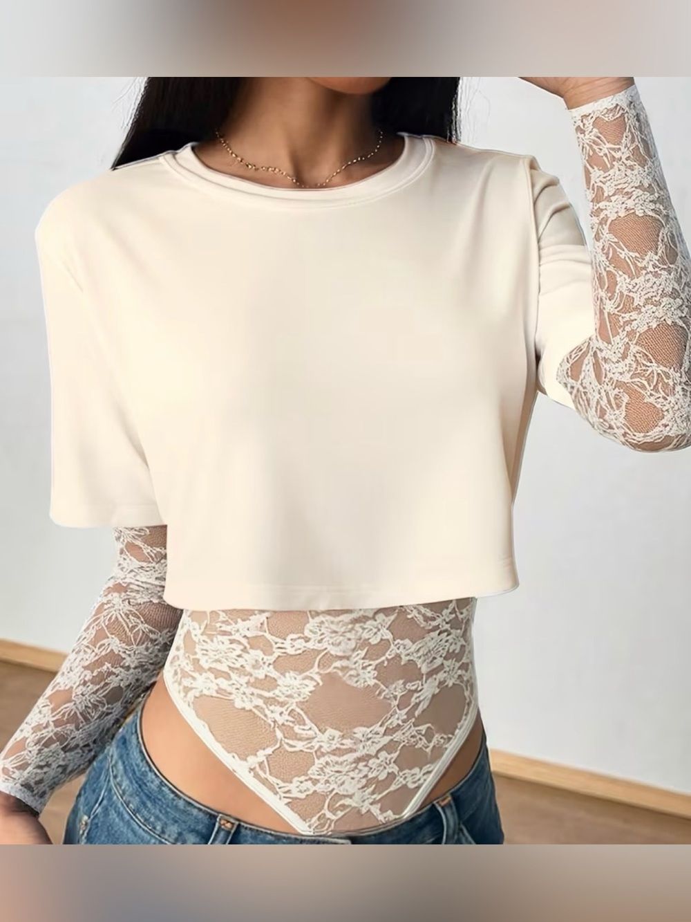 Beige Lace Mesh Long Sleeve Bodysuit Xs Y2k Fairy Grunge Coquette